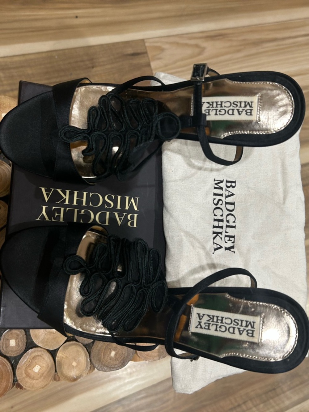 Badgley Mischka Black Satin Embellished Ankle-Strap Heels